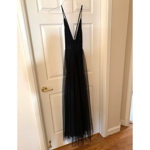 Long Tulle Formal Prom Dress with Low V-Neck